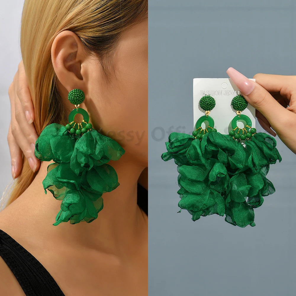 Acrylic Bead Yarn Petal Long Dangle Earrings Jewelry