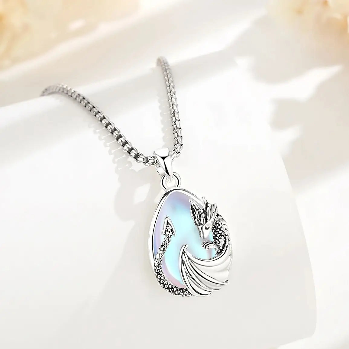 Moonstone Dragon Crescent Pendant Necklace, Celestial Guardian Amulet