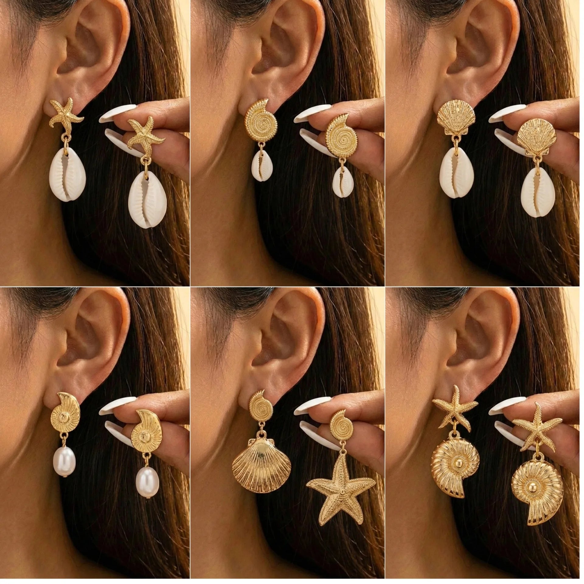 Boho Starfish, Conch and Scallop Pearl Pendant Earrings