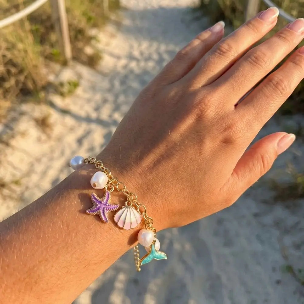 Pearl, Shell and Starfish Gold Tassel Boho Bracelet