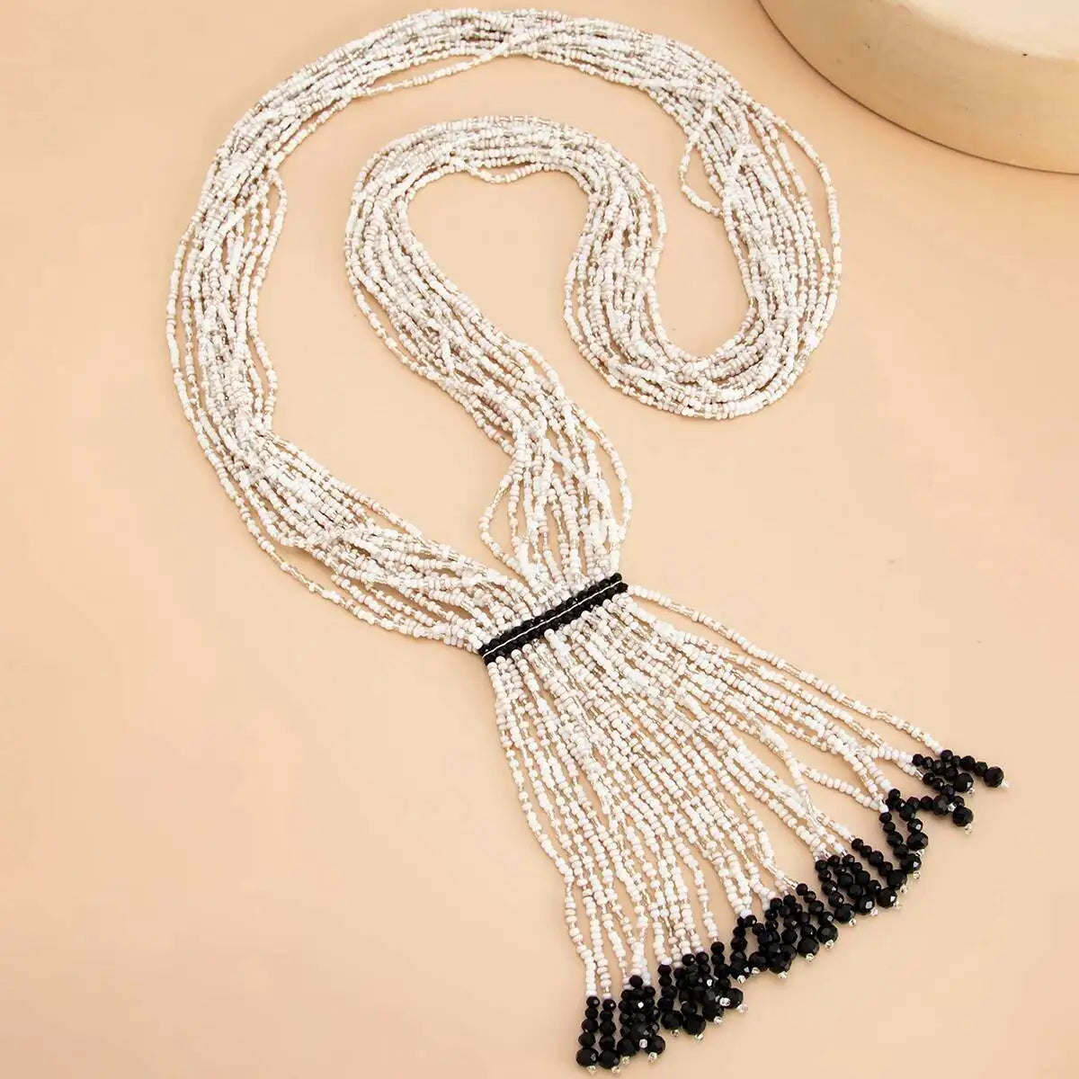 Rice Bead Multilayer Crystal Tassel Necklace Jewelry