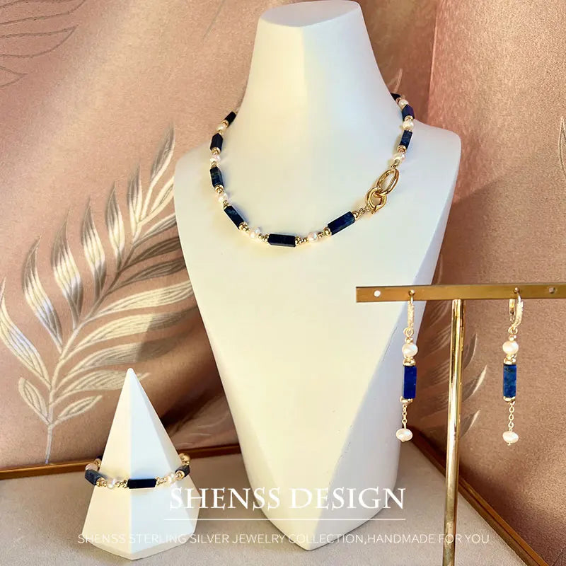 Exclusive Design Personalized Natural Freshwater Pearl Lapis lazuli Necklace Bracelet Earrings Copper Plated 14k Gold Accessorie - Charlie Dolly