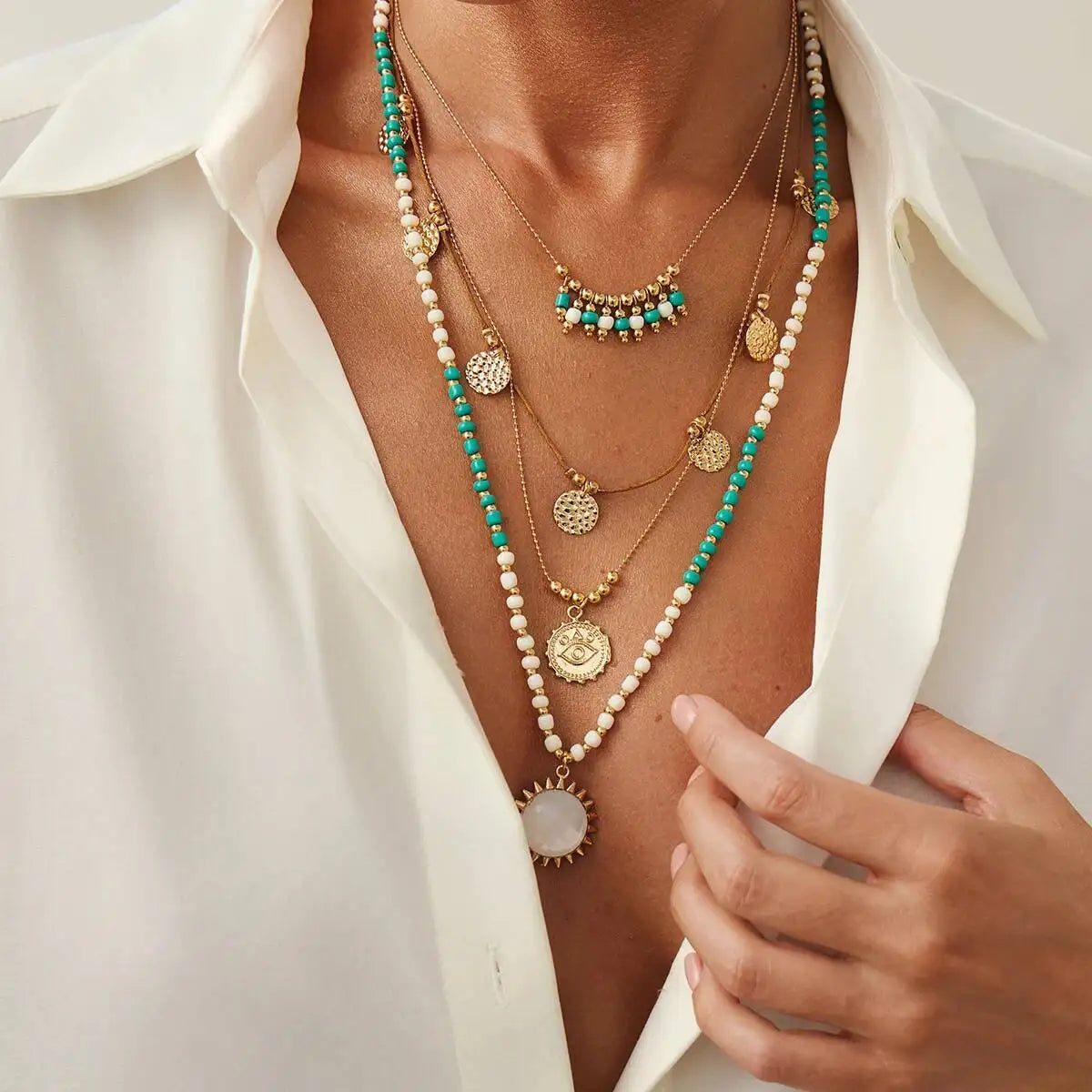 Round Coin Tassel Beaded Choker Necklace Jewelry