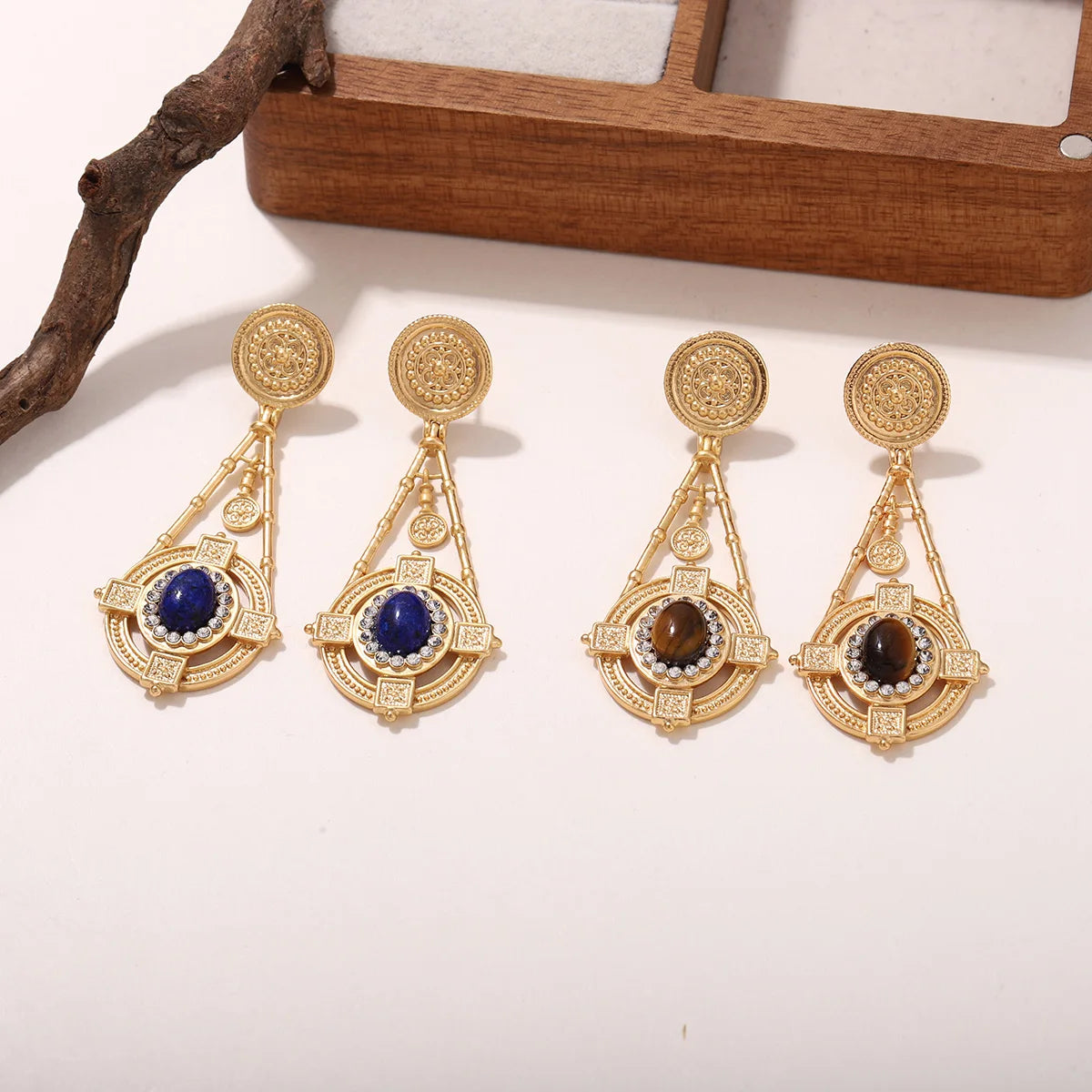 Vintage 18K Gold Plated Drop Earrings with Lapis lazuli Stone & Rhinestones - Elegant Geometric Women's Jewelry Daily Ear Charm - Charlie Dolly