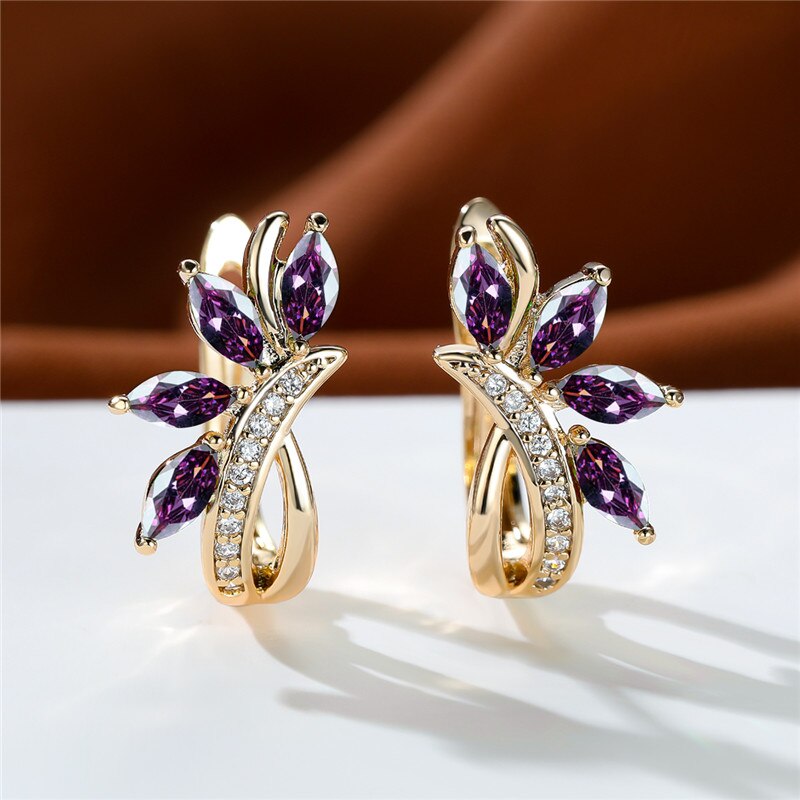 Cute Flower Light Blue Zircon Earrings Multicolor Crystal Stone Hoop Earrings Trendy Gold Color Wedding Earrings For Women