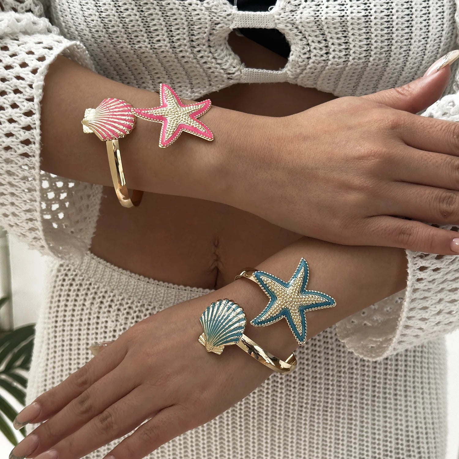Starfish and Shell Enamel Bangle Bracelet