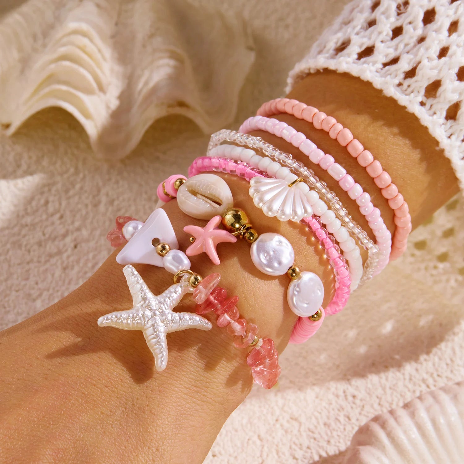 Pink Pearl and Shell Stackable Bracelet Set (5 Pieces)