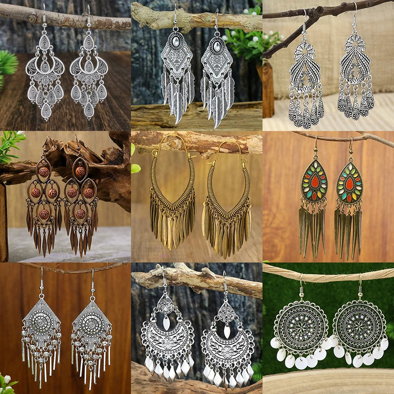 Tibetan Silver Carved Tassel Long Earrings Jewelry
