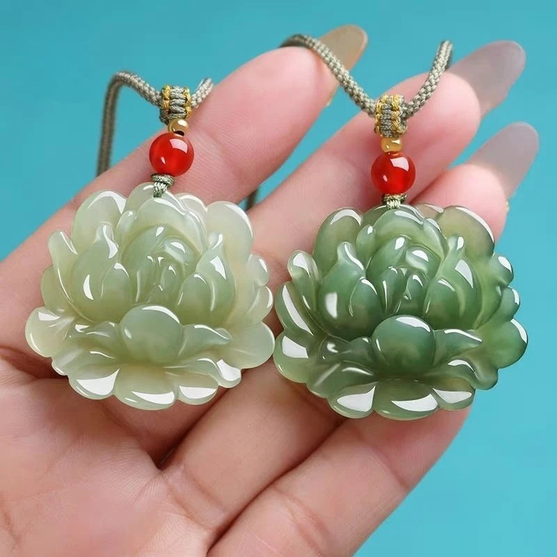 Natural Hotan Jade Lotus Flower Pendant, Boho Sacred Amulet Necklace