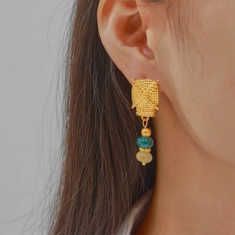 Multi-Color Natural Stone Dangle Earrings, Waterproof Stainless Steel Boho Jewelry