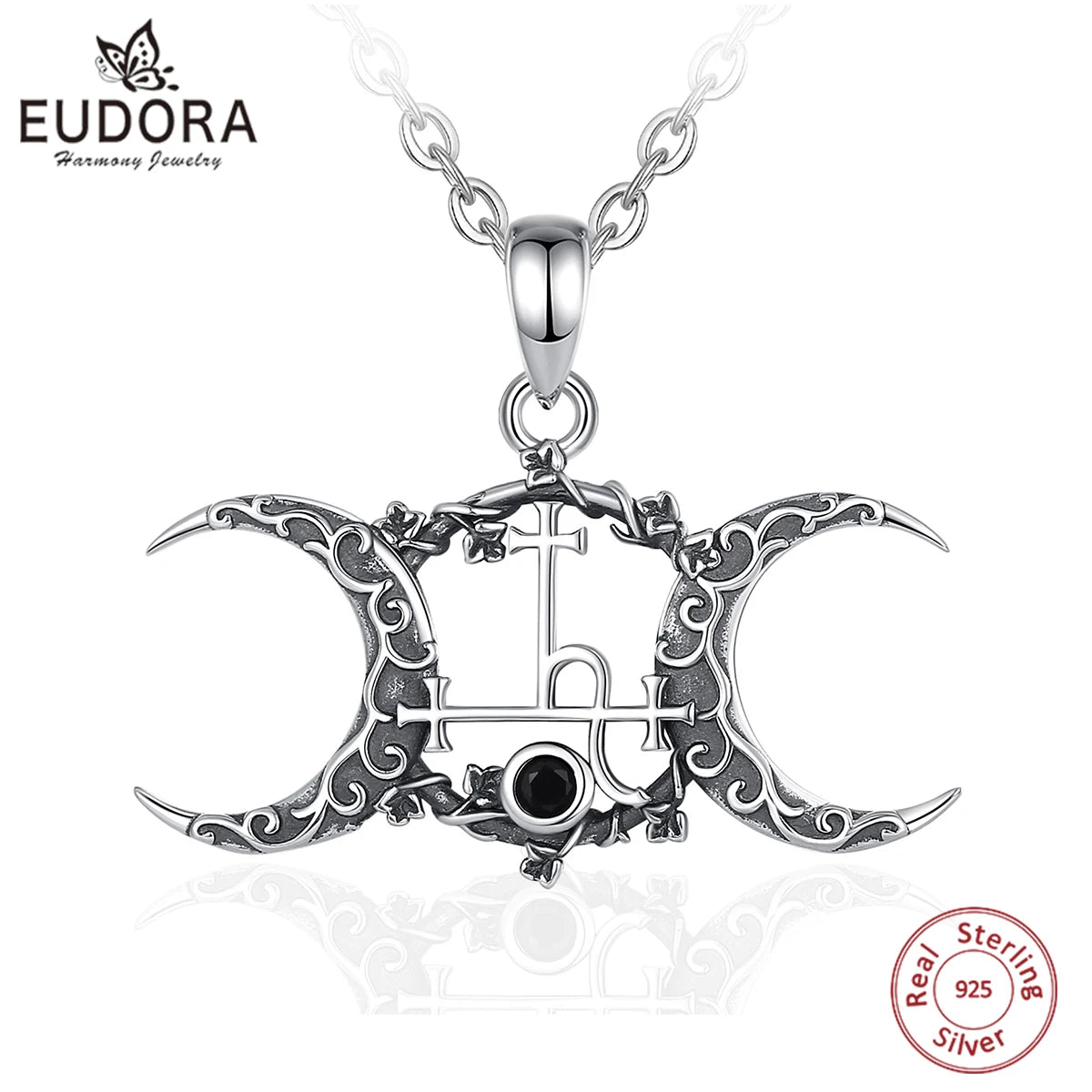 S925 Sterling Silver Lilith Sigil Pendant Necklace, Triple Moon Goddess Zircon Amulet
