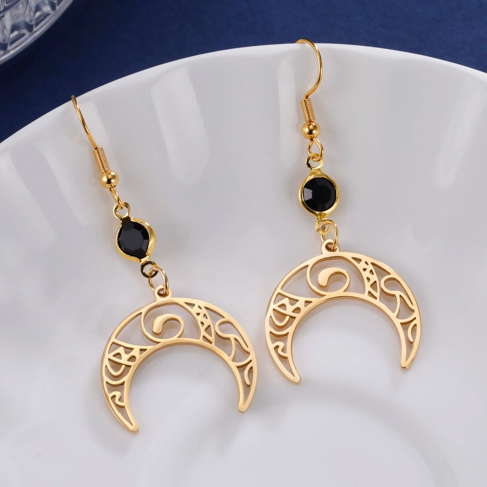 Triple Moon, Rune & Pentagram Hoop Earrings, Stainless Steel Witchy Amulet