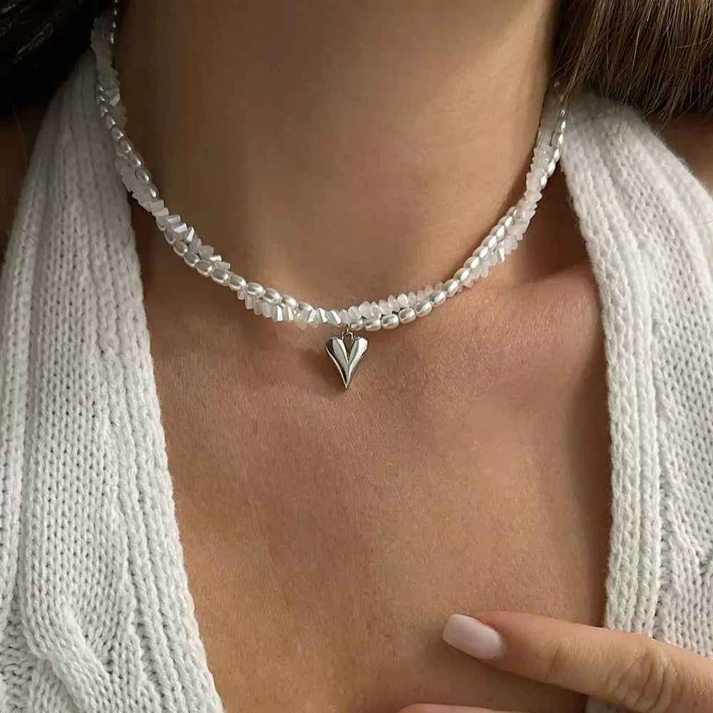 Transparent Crystal and Pearl Tassel Chain Pendant Necklace