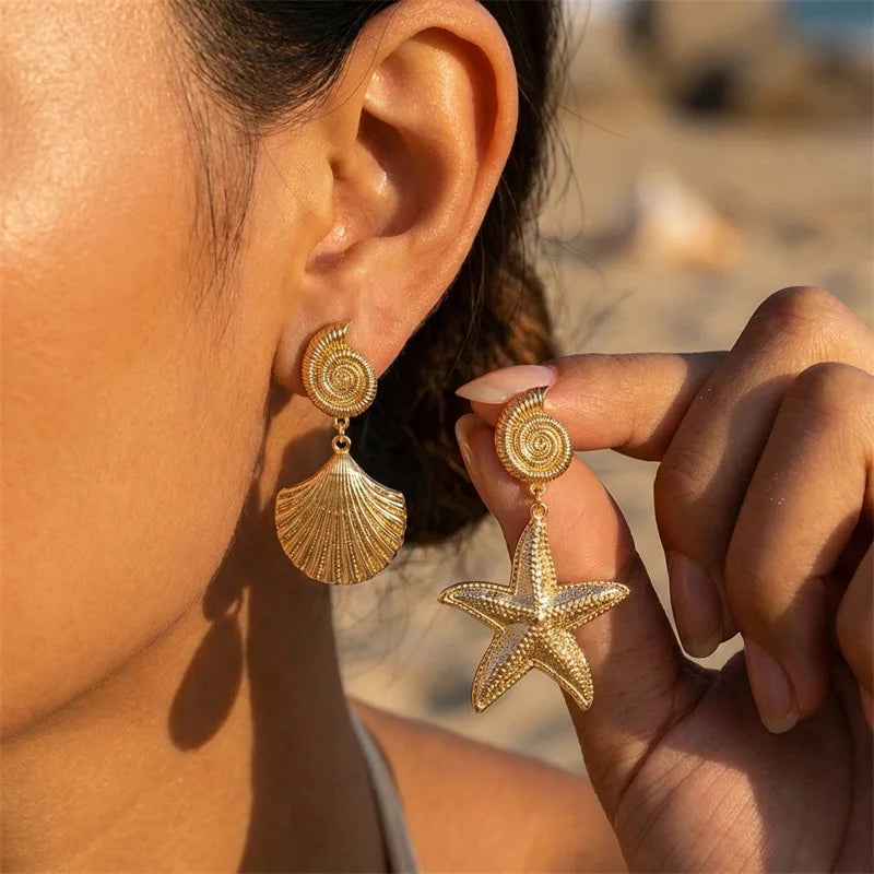 Boho Starfish, Conch and Scallop Pearl Pendant Earrings