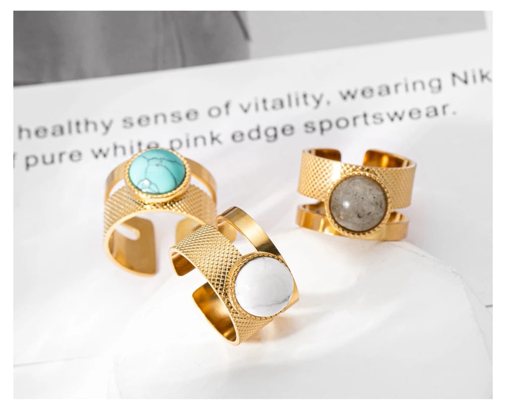 WILD & FREE Boho Stainless Steel Rings For Women Glamour Trendy Gold Color Inlaid Natural Stone Statement Jewelry - Charlie Dolly