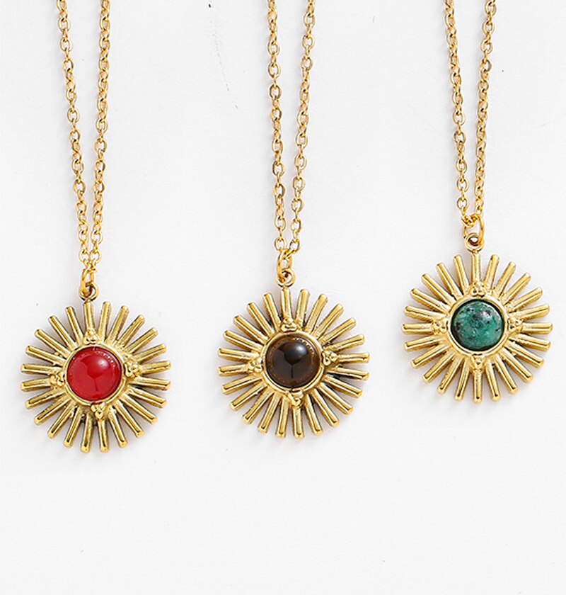 Bohemia Natural Stone Sunflower Pendant Necklaces for Women Stainless Steel Clavicle Chain Necklaces Female Party Jewelry Gifts