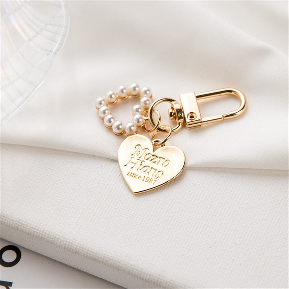 Women Girls Heart Keychain Fashion Letter Label Imitation Pearls Key Chain Pendant Handbag Hanging Accessories Keyring