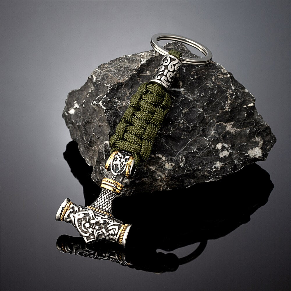 Norse Thor's Hammer Vikings Keychain Men Charm Braided Lanyard Stainless Steel Keyring Valknut Rune Handmade Retro Jewelry