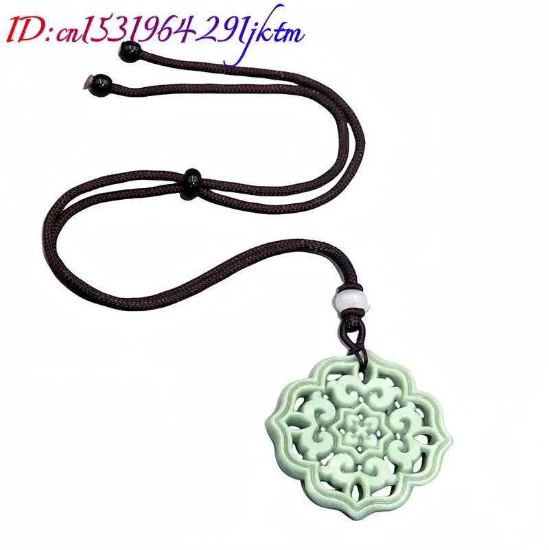 Natural Jade Carved Flower Amulet Necklace