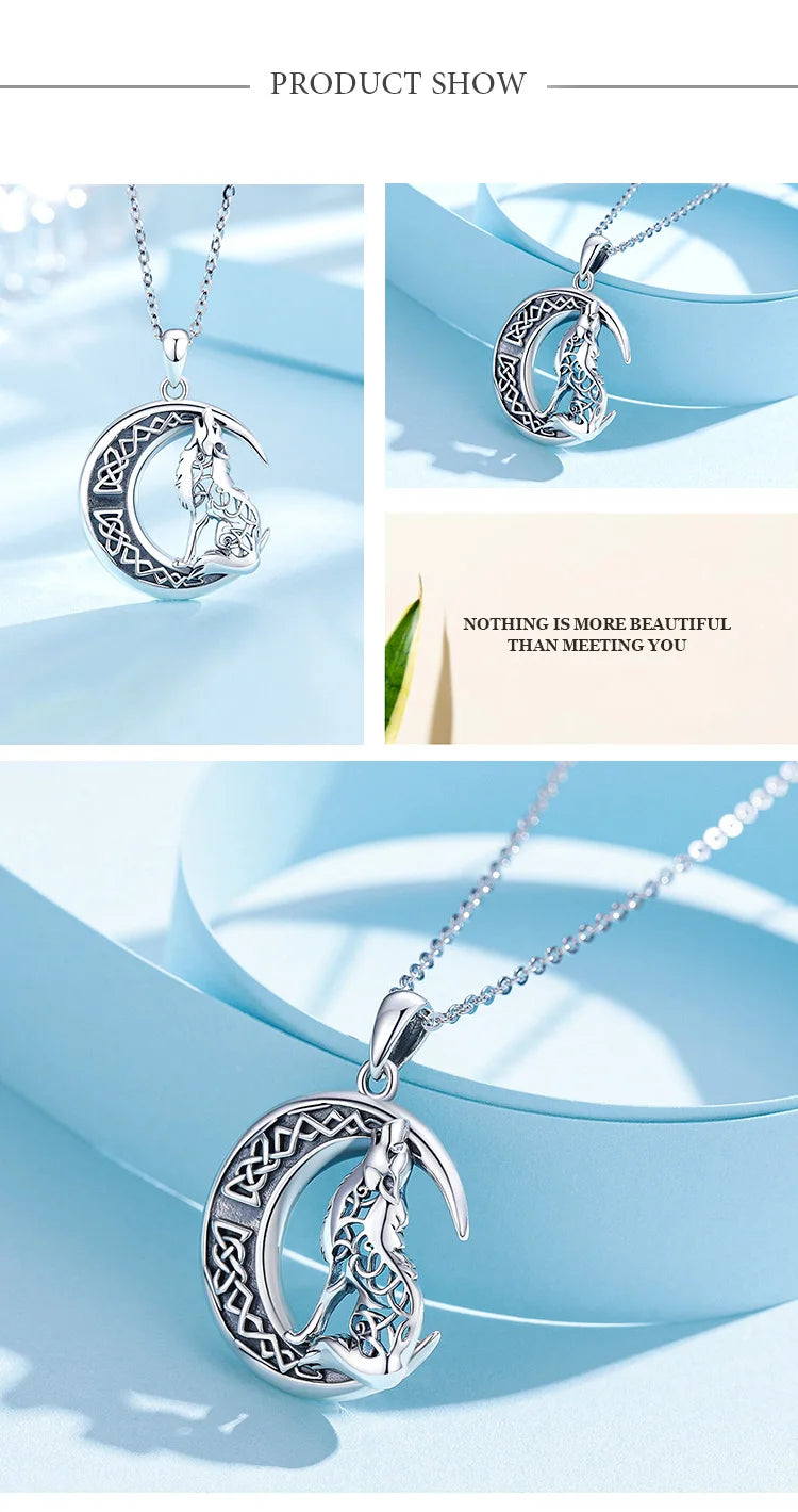 S925 Sterling Silver Wolf & Moon Pendant Necklace, Valknut Odin Norse Viking Amulet