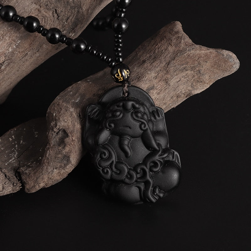 Fashion Frosted Obsidian Sakyamuni Buddha Head Charm Men and Women Amulet Necklace Buddhist Religious Jewelry