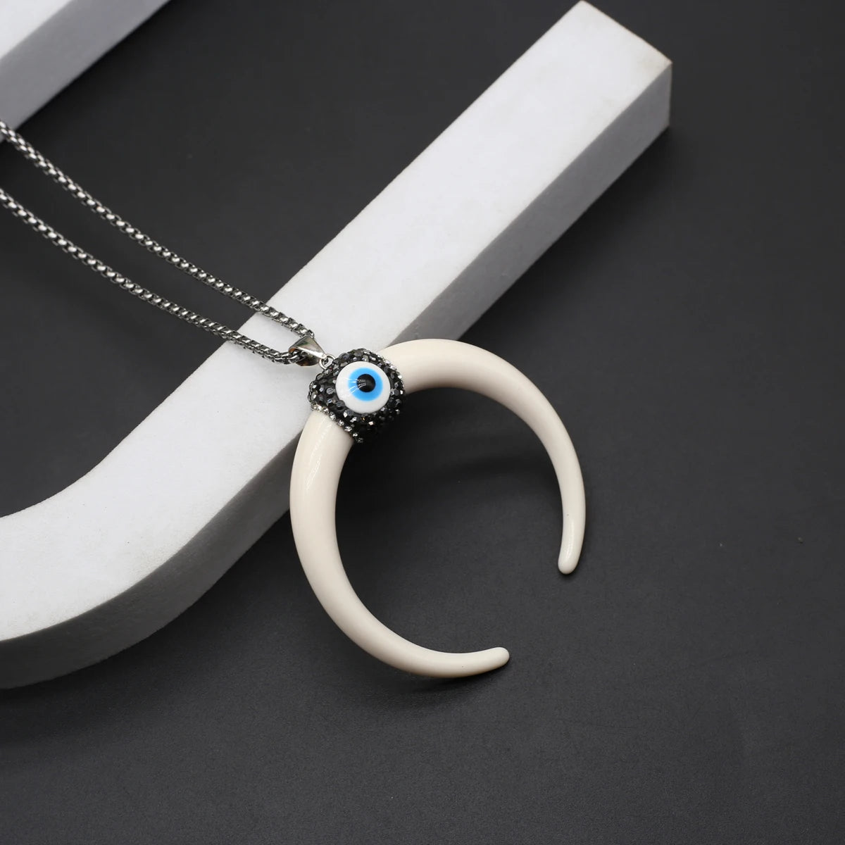 Natural Stone Horn Necklace Reiki Heal Turquoise Rhinestone Crescent Moon Pendant Stainless Steel Chain Boho Necklaces Jewelry - Charlie Dolly