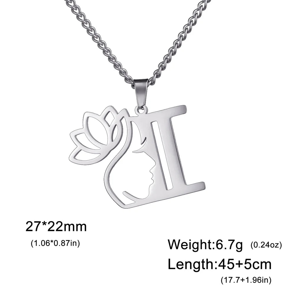 Lotus Flower Initial Letter Pendant, Personalized Stainless Steel Necklace