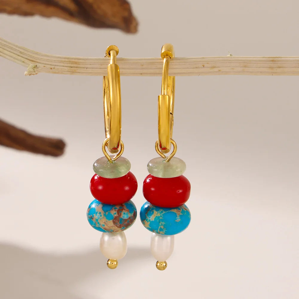 Multi-Color Natural Stone Dangle Earrings, Waterproof Stainless Steel Boho Jewelry