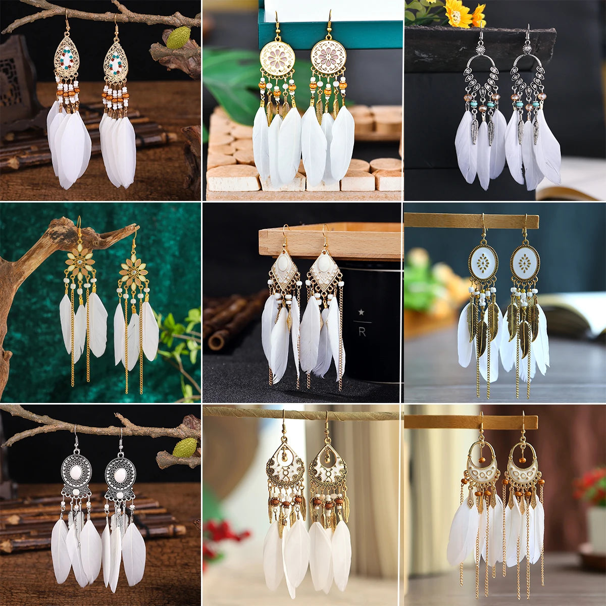 White Feather Gold Chain Tassel Long Earrings Jewelry