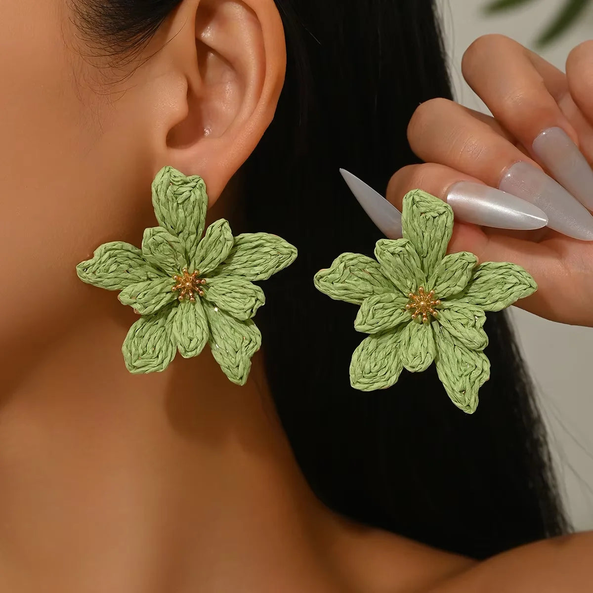 Raffia Woven Flower Boho Earrings Jewelry