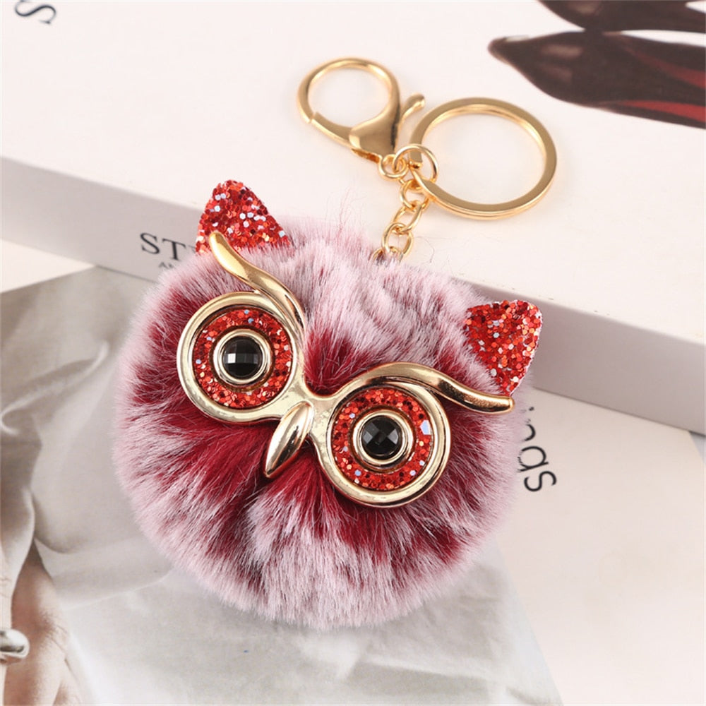 Cartoon Plush Owl Keychain With Sequin Girls Backpack Ornaments Fashion Soft Fluffy Pompom Animal Key Rings For Ladies Gifts