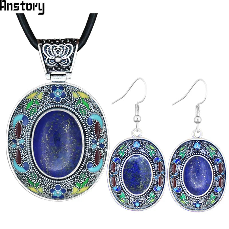 Vintage Oval Lapis Lazuli Jewelry Sets Natural Tiger Eey Unakite Quartz Necklace Earrings Bohemia Fashion Jewelry TS456 - Charlie Dolly