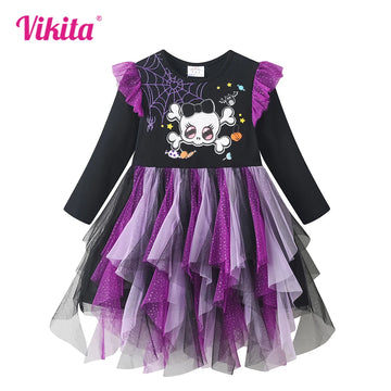 VIKITA Kids Halloween Holiday Cosplay Costumes Girls Spider Skull Print Flare Sleeve Autumn Winter Princess Mesh Tutu Dresses - Charlie Dolly