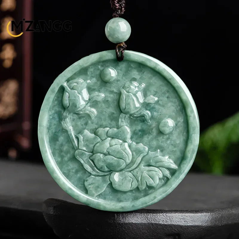 Myanmar Jadeite Phoenix & Peony Double-Sided Carved Pendant Necklace, Luxury Amulet