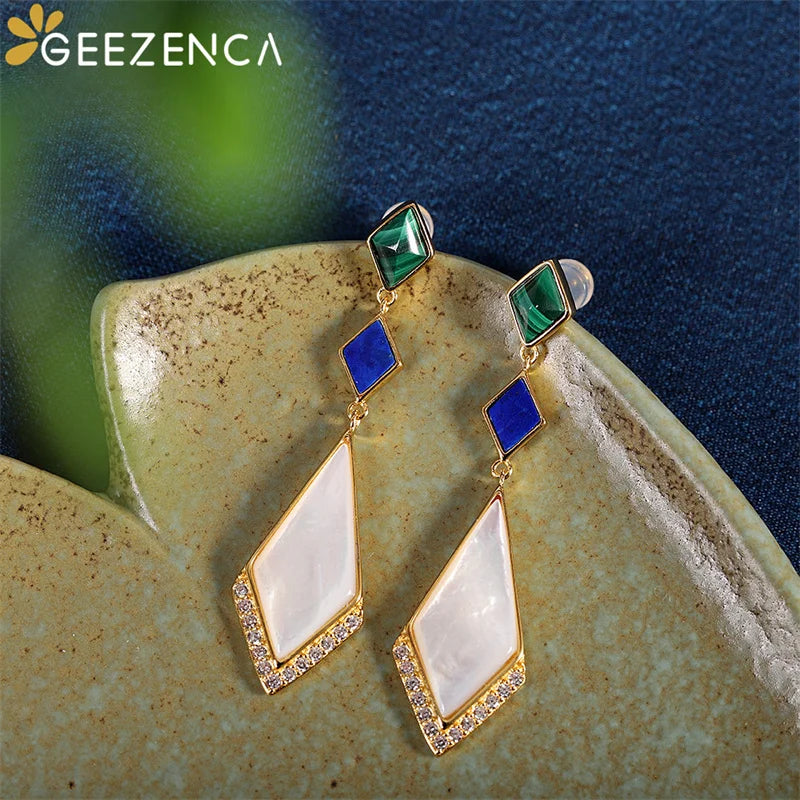GEEZENCA Malachite Lapis Lazuli Shell 925 Silver Dangle Earrings For Women Unusual Geometric Natural Stone Drop Earring Gift - Charlie Dolly
