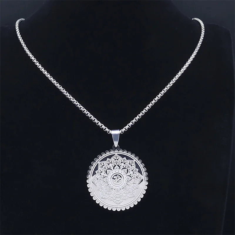 Om Lotus Mandala Yoga Necklace, Stainless Steel Buddhist Amulet