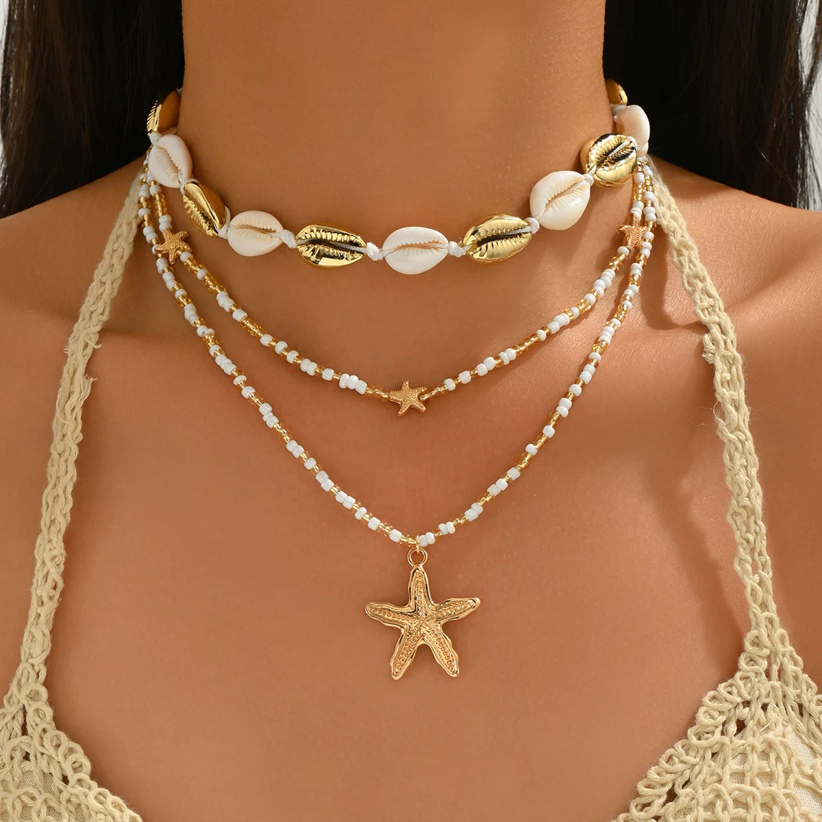 Three Layered Cowrie Shell and Starfish Boho Necklace