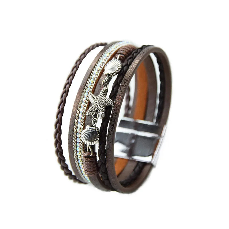 Starfish Shell Braided Leather Cuff Bracelet