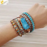 CSJA Natural Stone Bracelets Green Fluorite Crystal Aventurine Bead Leather Wrap Bracelet Multilayer Boho Jewelry Pulseira G118 - Charlie Dolly