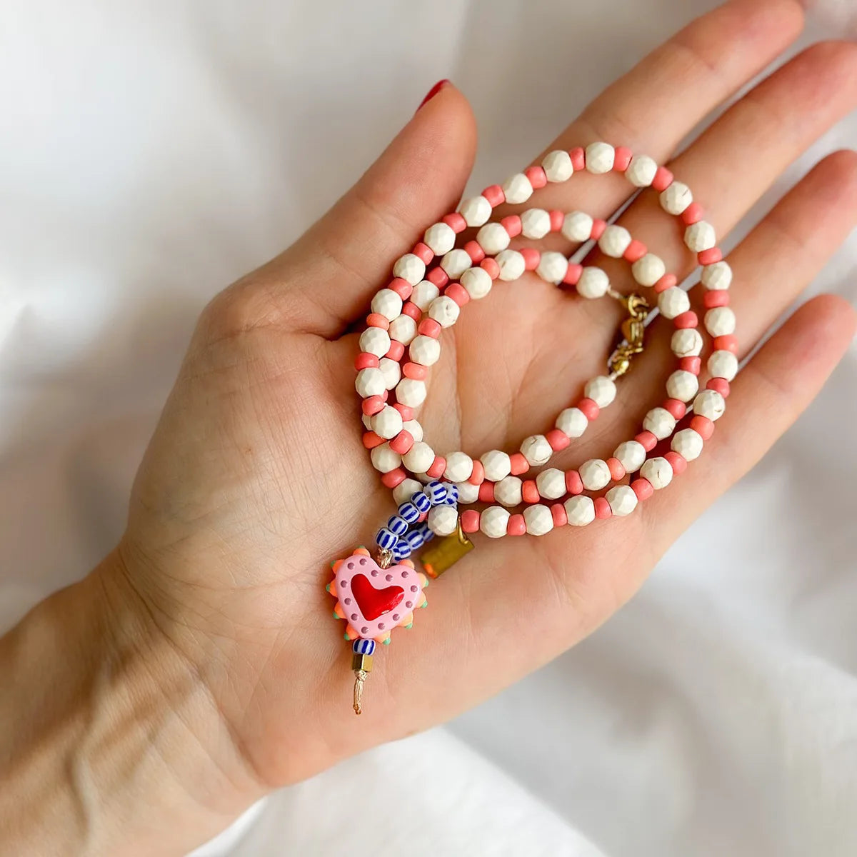French White Turquoise and Heart Glass Pendant Sweater Chain
