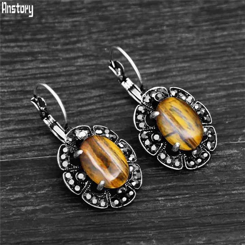 Vintage Plumflower Natural Lapis Lazuli Rhinestone Earrings For Women Tibetan Silver Plated Natural Stone Tiger Eye Earring - Charlie Dolly