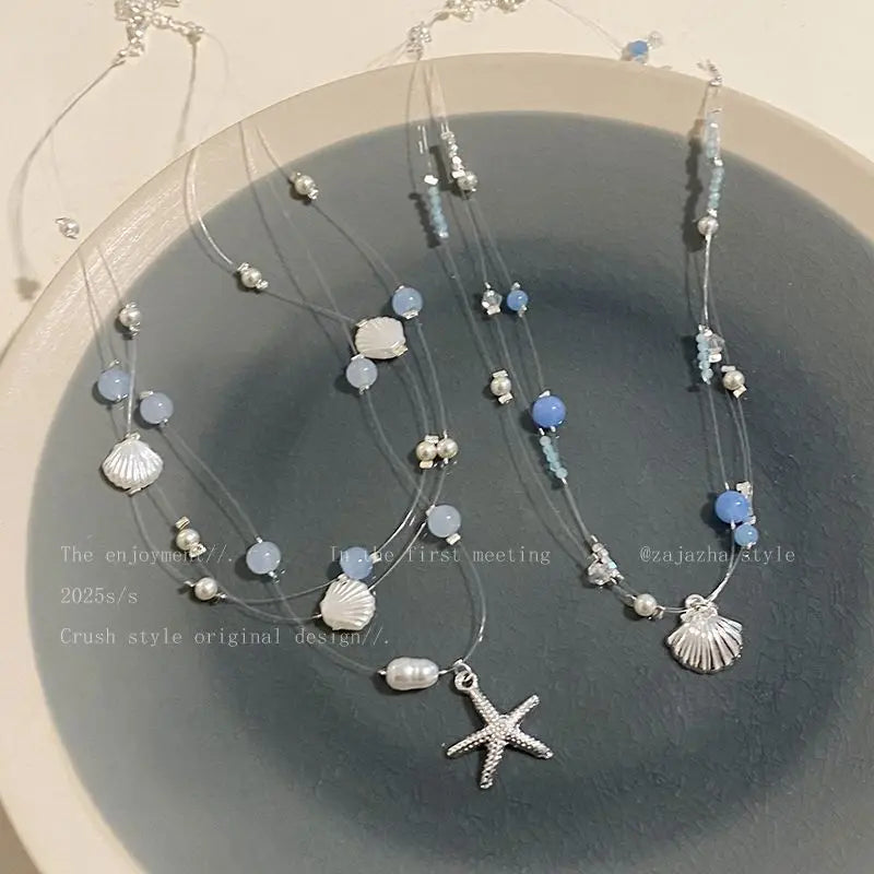 Seaside Starfish, Shell and Pearl Layered Choker Necklace