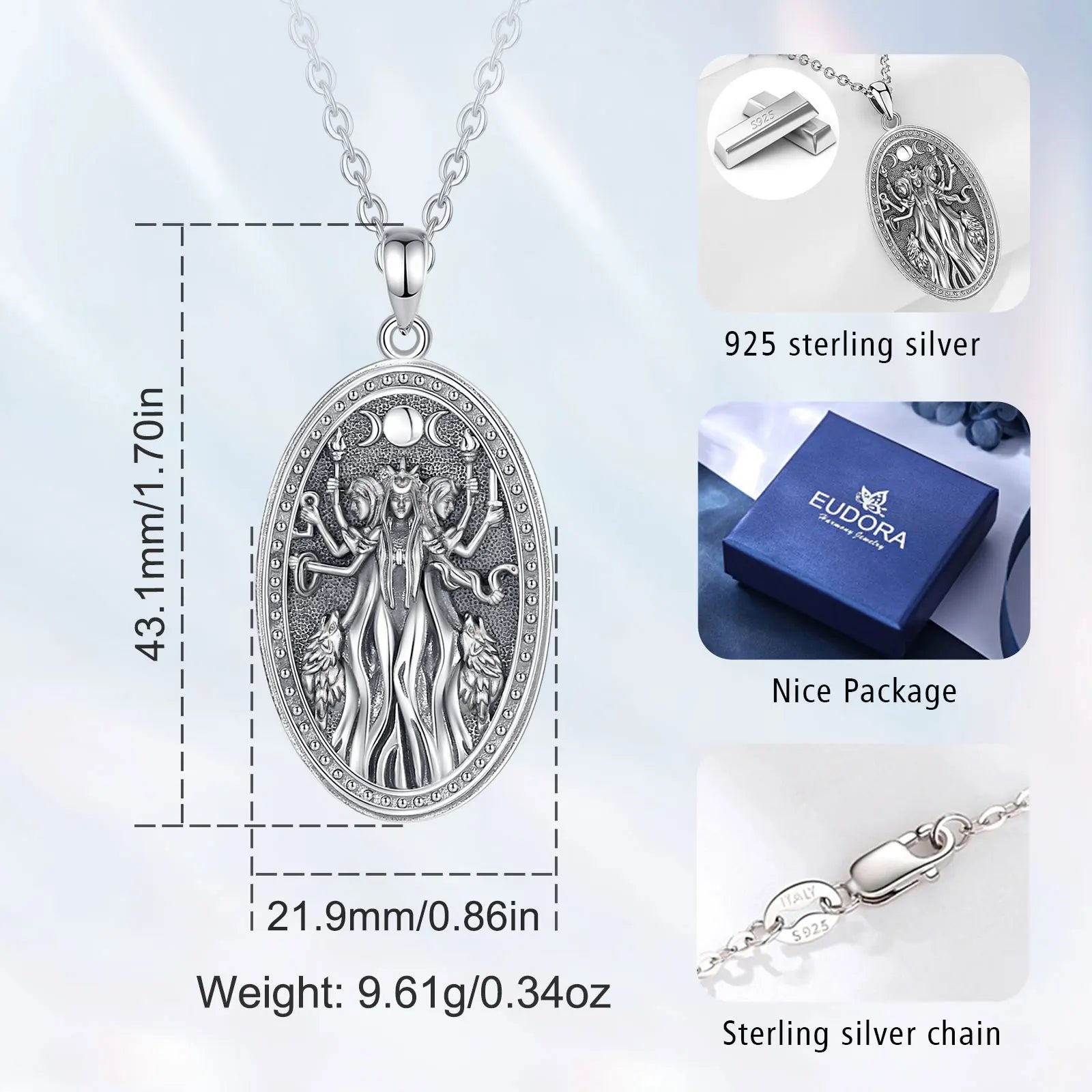 Triple Moon Goddess Hecate Hound Necklace, S925 Sterling Silver