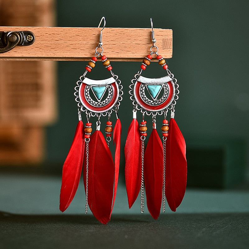 Vintage Bohemian Long Tassel Chain Feather Earrings For Women Boho Geometric Triangle Blue Stone Bead Handmade Wedding Earrings