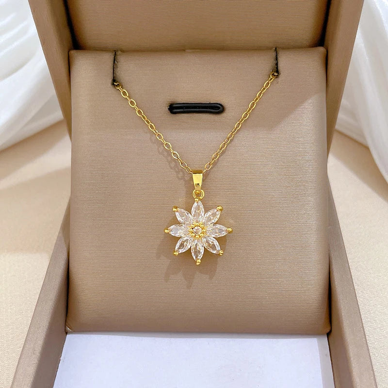 White Crystal Petal Lotus Flower Bud Pendant Necklace, Stainless Steel Waterproof Chain