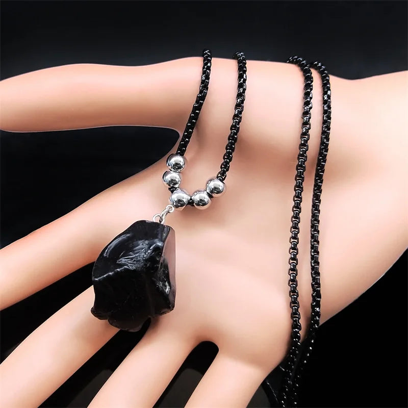 Boho Obsidian Natural Stone Bead Lucky Necklace Pendant Women Stainless Steel Black Color Chain Necklace Fashion Jewelry NGG47-1 - Charlie Dolly