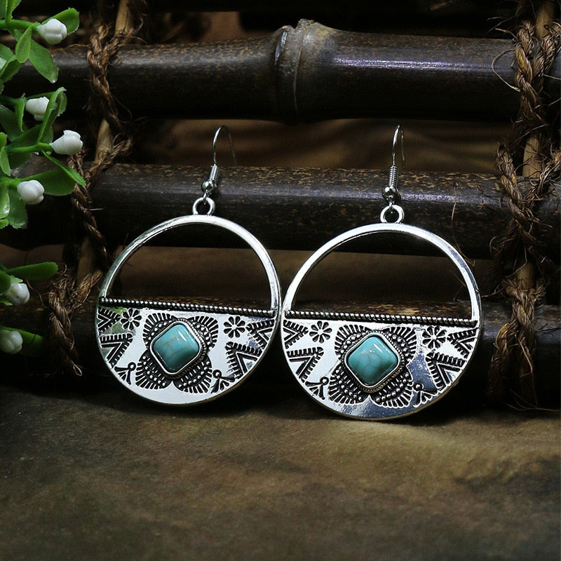 53 Styles Bohemian Vintage Tibetan Silver Geometric Drop Earrings For Women Ethnic Blue Stone Tassel Dangle Earrings Jewelry