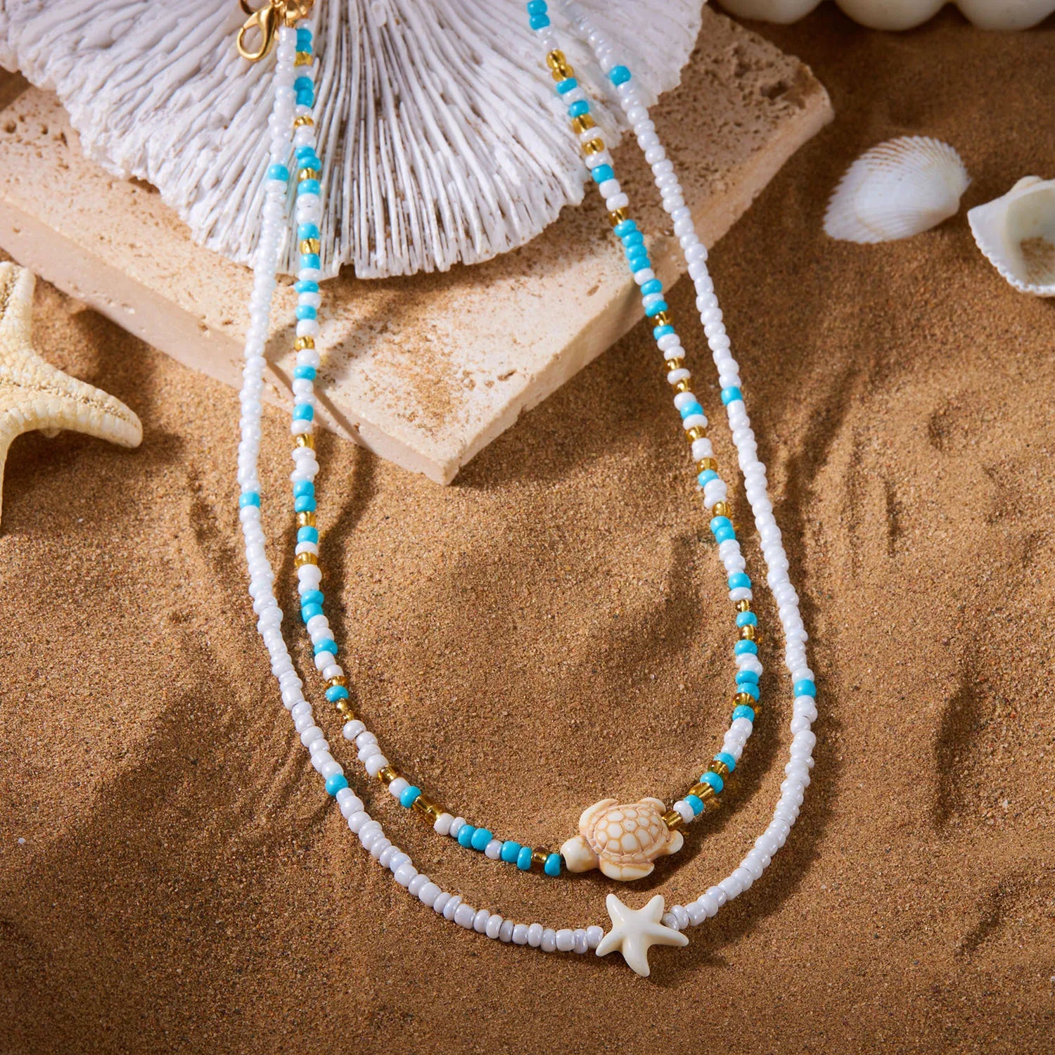 Starfish, Sea Turtle and Conch Beaded Layered Necklace