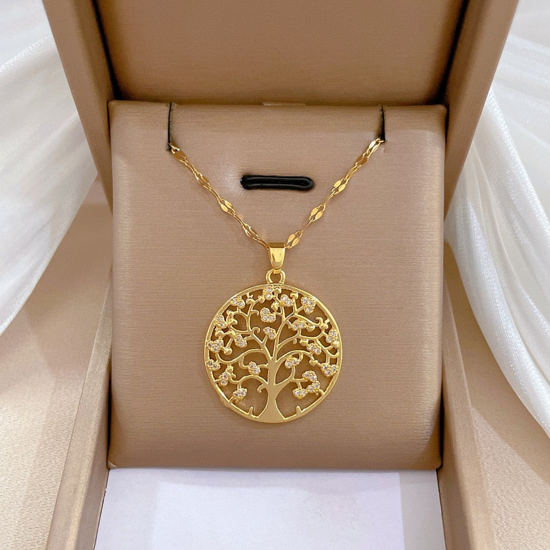 Luxury Tree of Life Zircon Necklace for Women Gold-plated Charm Big Tree Stainless Steel Pendant Jewelry Lucky Accessories Gift