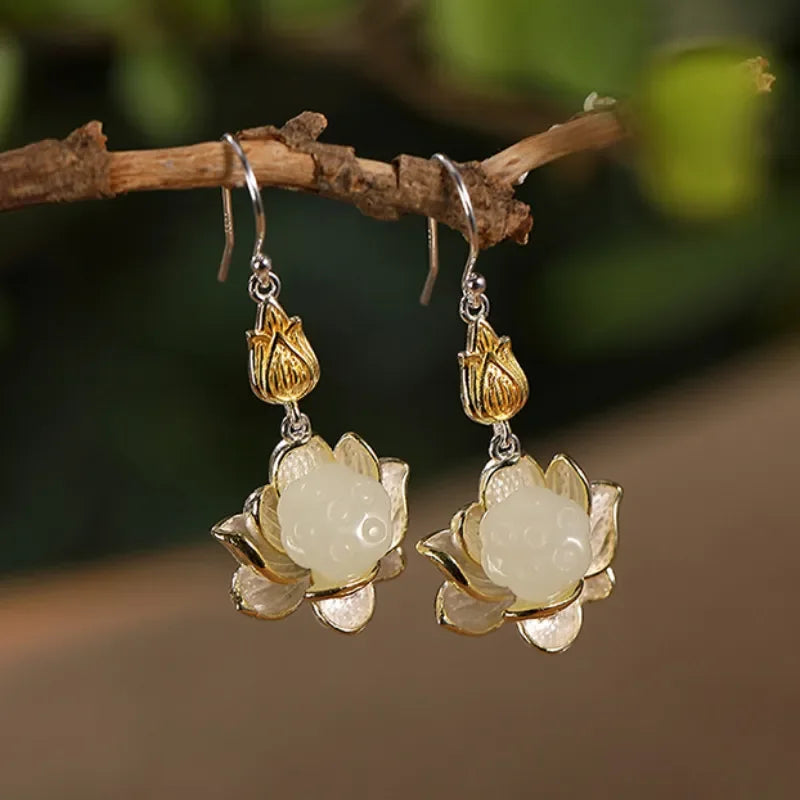 Natural Hotan Jade Lotus Flower Jewelry Set, Necklace Ring Bracelet Hairpin Boutique